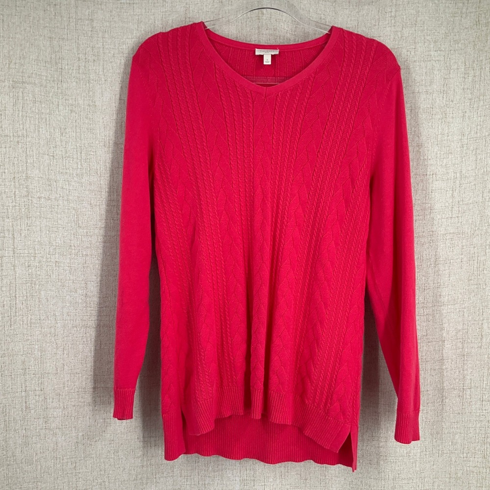 Talbots Sweater Women Small Pink 100% Cotton Cable Knit V-Neck Classic Preppy